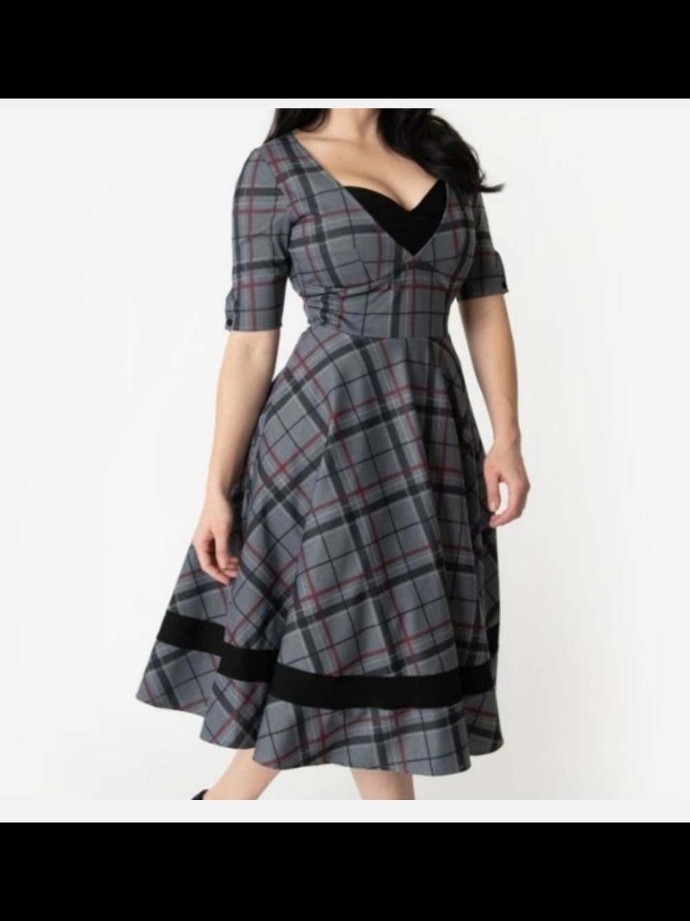 Unique Vintage Retro Grey Plaid Swing Dress